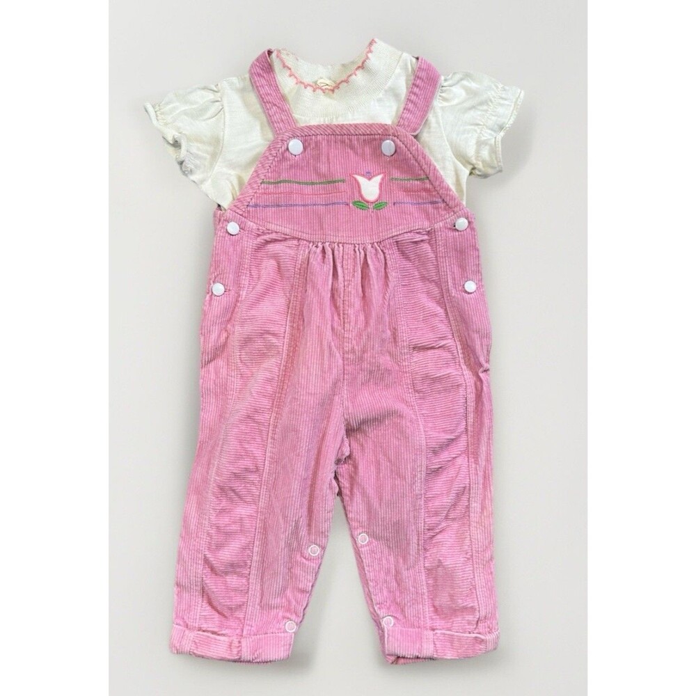 VTG 90s Baby Girl Corduroy Overalls Outfit Tulip Embroidery Size 12 Mo.